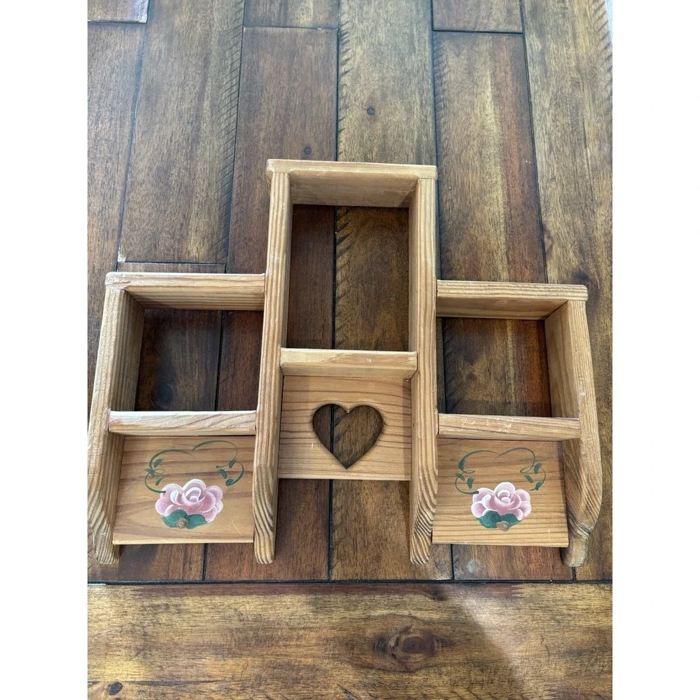 Vintage Wood Wall Display Trinket Shelf Heart Cutout 15x18 Cottagecore Farmhouse